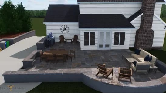 Stylish backyard patio with seating and grill, featuring stone design and compass decoration.