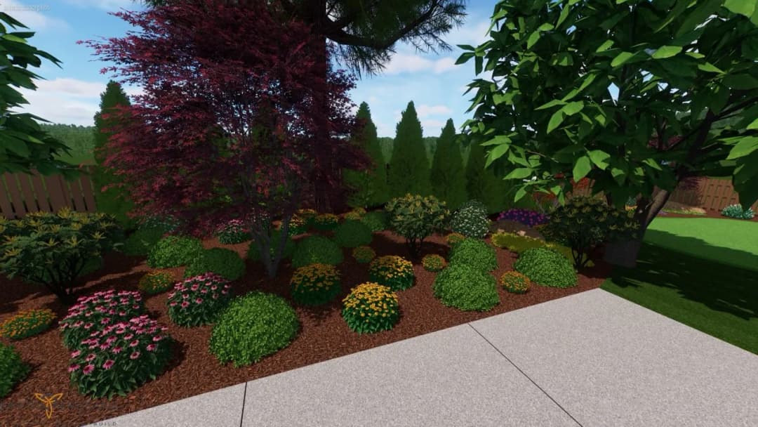 vibrant garden design with colorful shrubs and flowers, stone path, and lush greenery