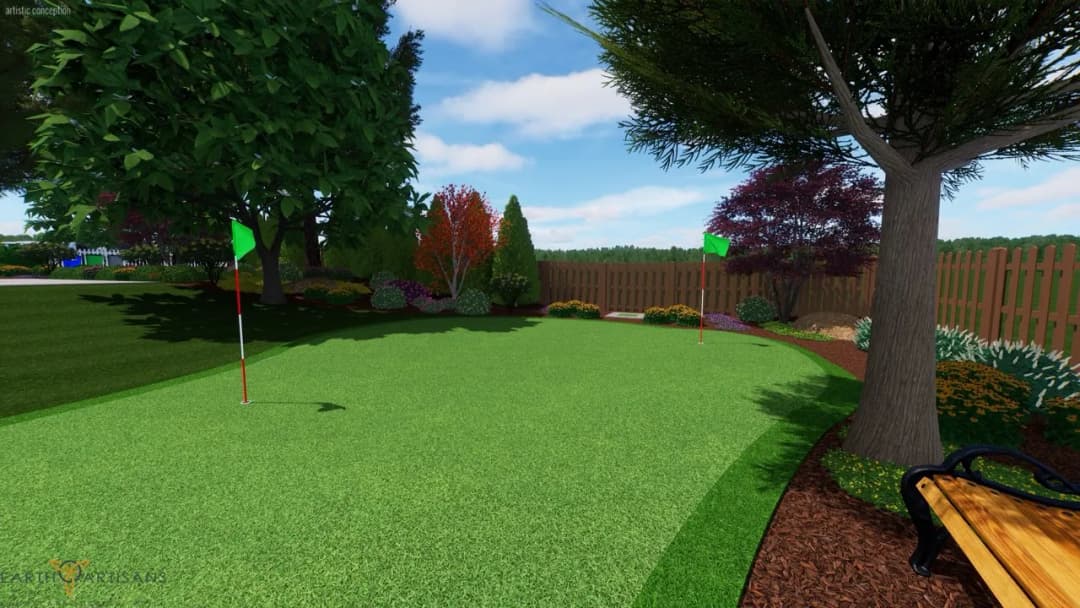 Lush green lawn with golf flags, surrounded by colorful bushes and trees in a serene garden.