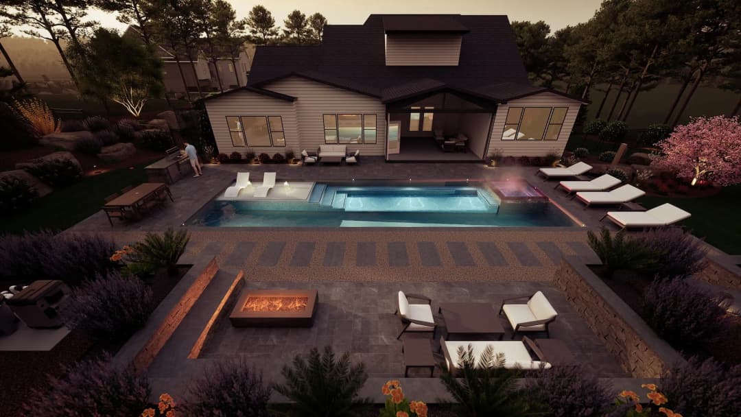 Modern home with pool and outdoor seating in landscaped backyard at sunset.