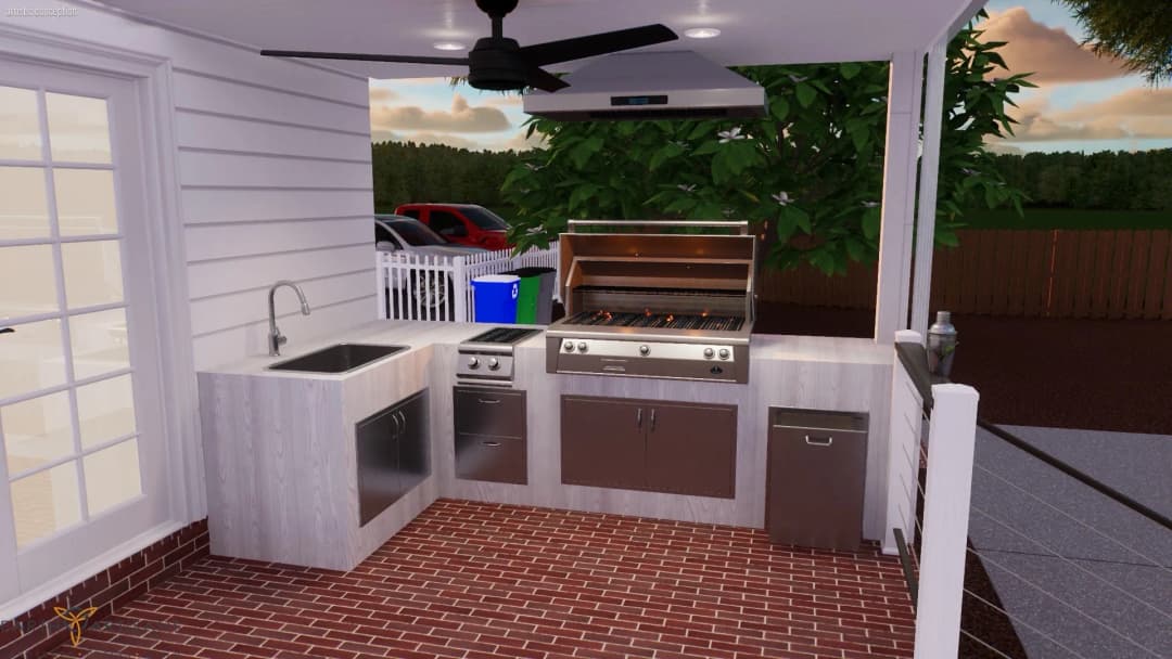 Outdoor kitchen design featuring a grill, sink, and counter space in a stylish setting.