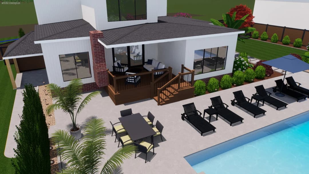 Modern patio with lounge chairs, pool, and dining area, surrounded by greenery and landscaping.