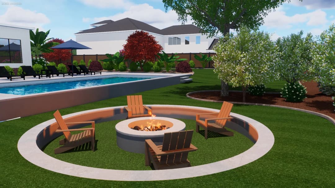 Fire pit surrounded by wooden chairs in a landscaped backyard with a pool and greenery.