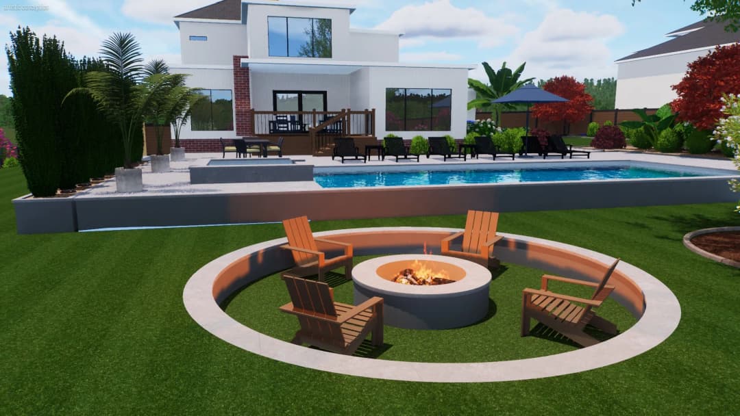 Modern backyard design featuring a fire pit, pool, and stylish seating area.