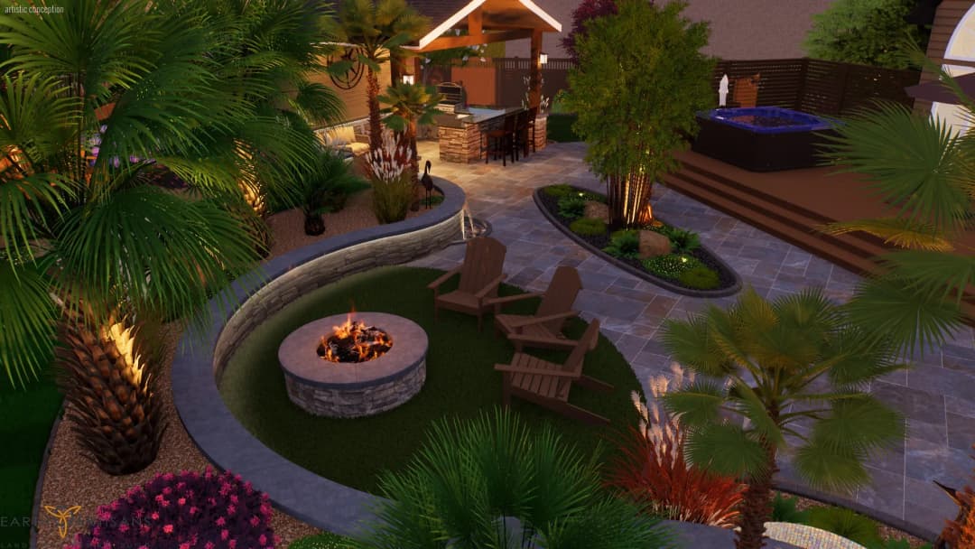 Cozy outdoor patio with a fire pit, seating area, and lush landscaping in a vibrant garden.