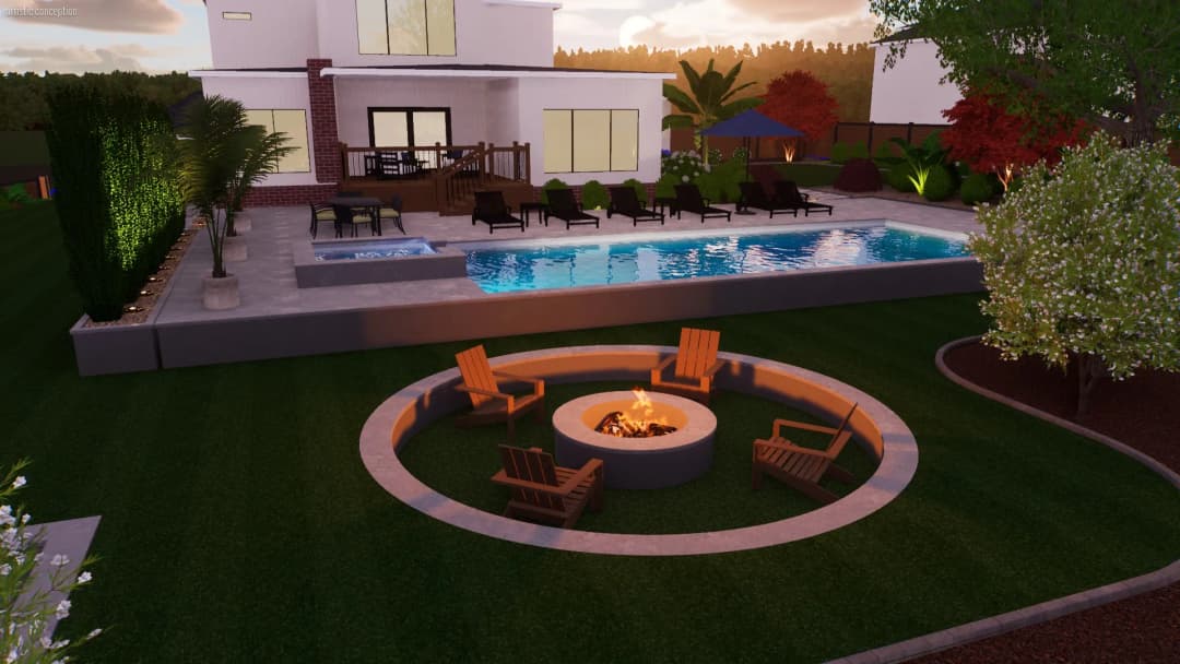 Modern backyard with swimming pool, fire pit, lounge chairs, and scenic landscaping at sunset.