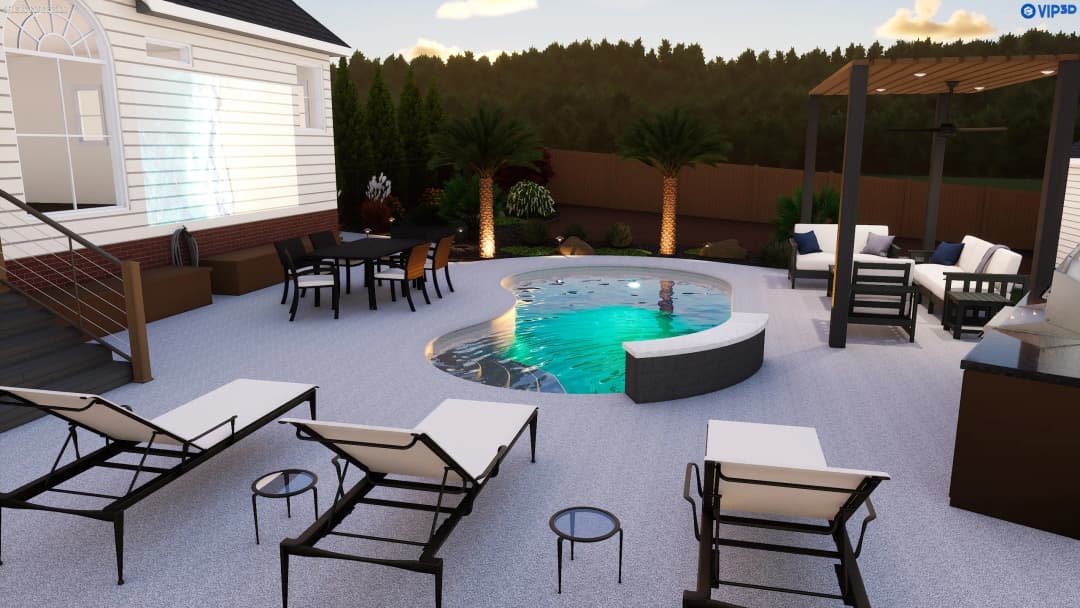 Modern backyard oasis featuring a pool, lounging chairs, and outdoor dining area.