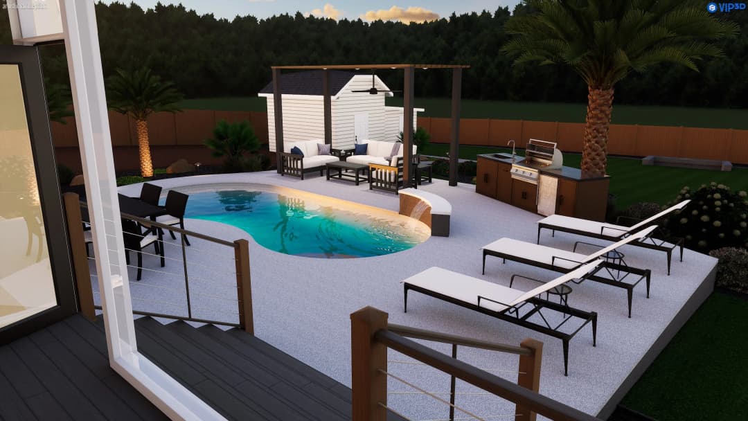 Luxury outdoor pool area with loungers, grill, and seating surrounded by palm trees.