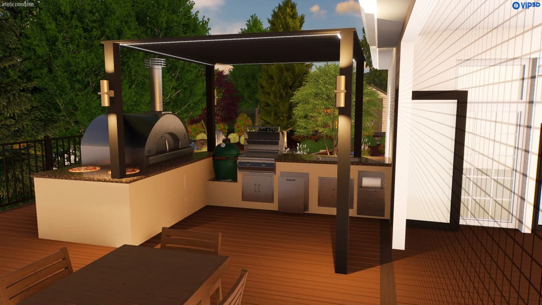 Outdoor kitchen with a pizza oven, grill, and dining area amidst lush greenery.