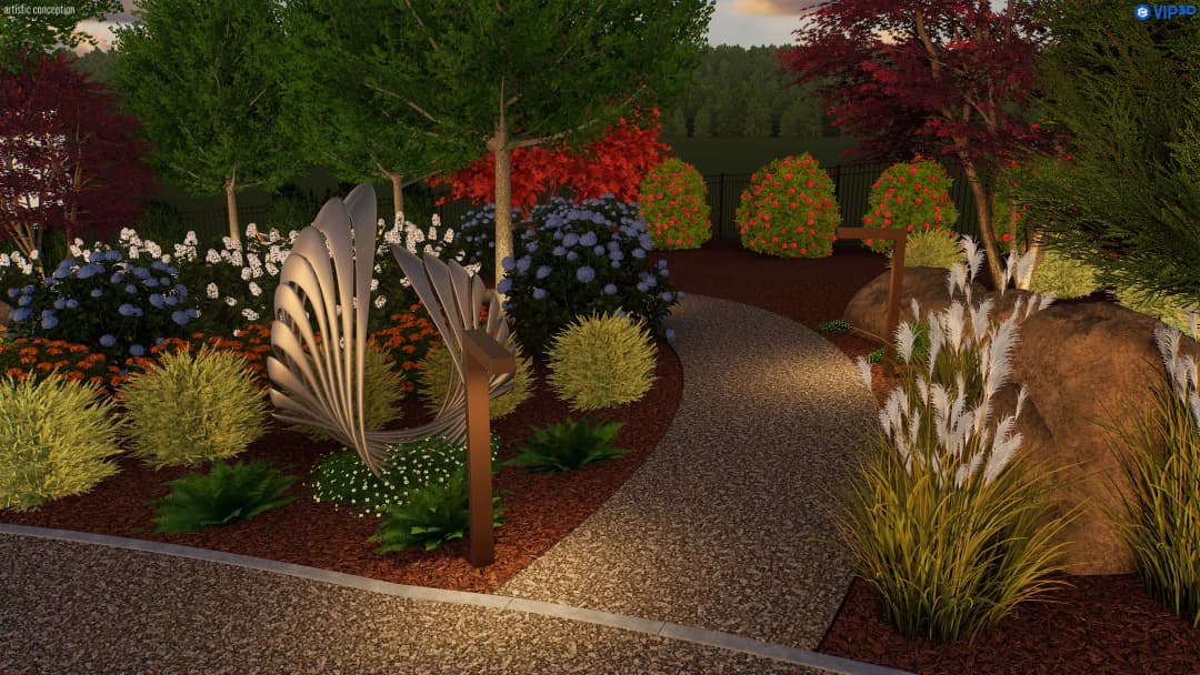 Garden pathway with decorative butterfly sculpture, vibrant flowers, and lush greenery.