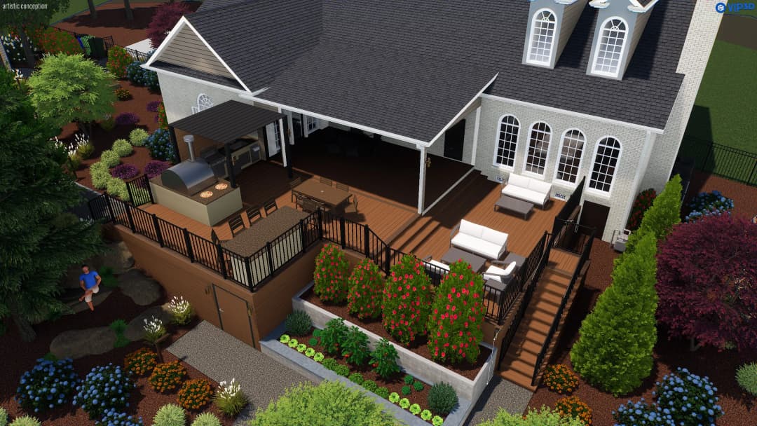Aerial view of a modern home with a deck, outdoor seating, and landscaped garden.