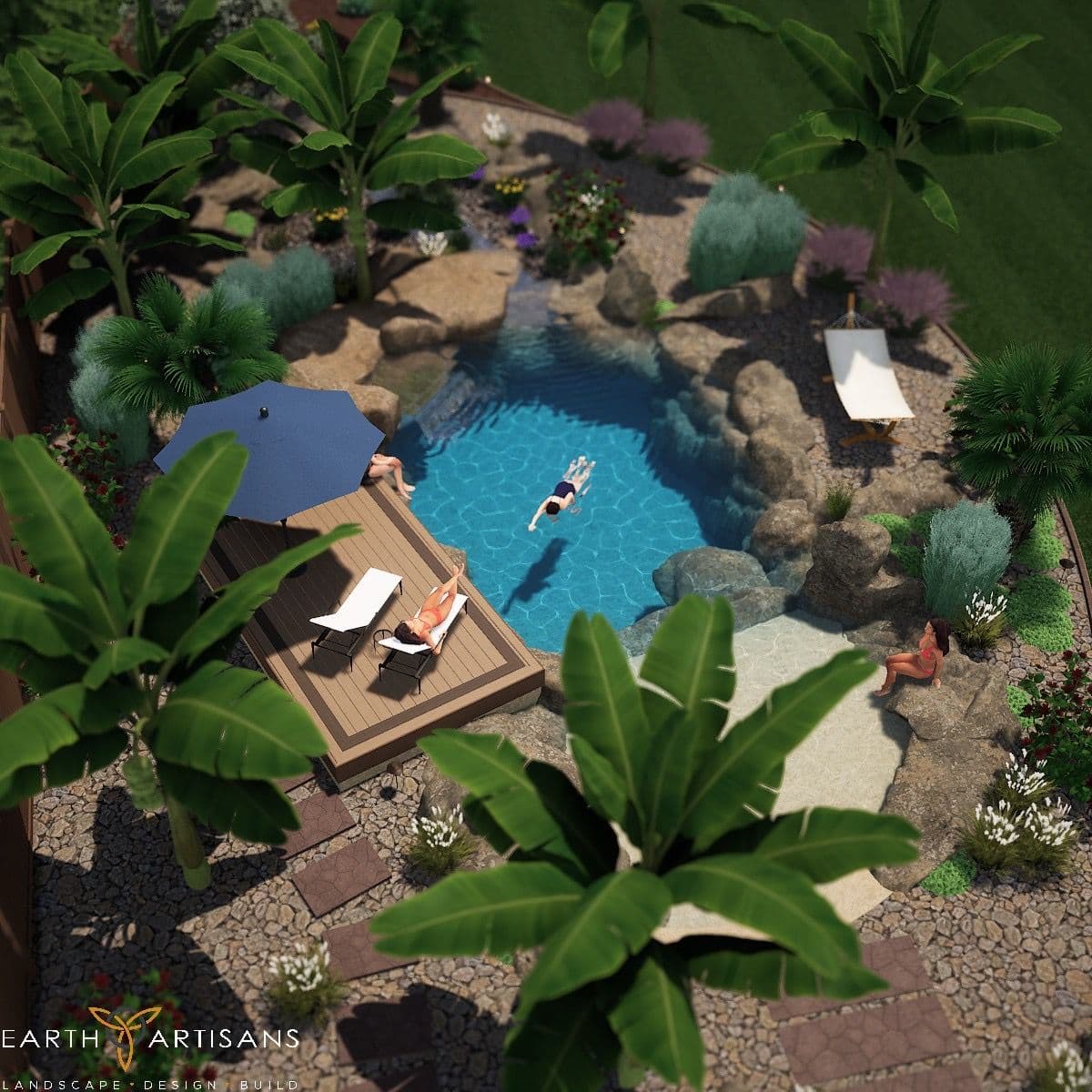 Resort-Style Natural Pool Design With Rockwork and Beach Entry image