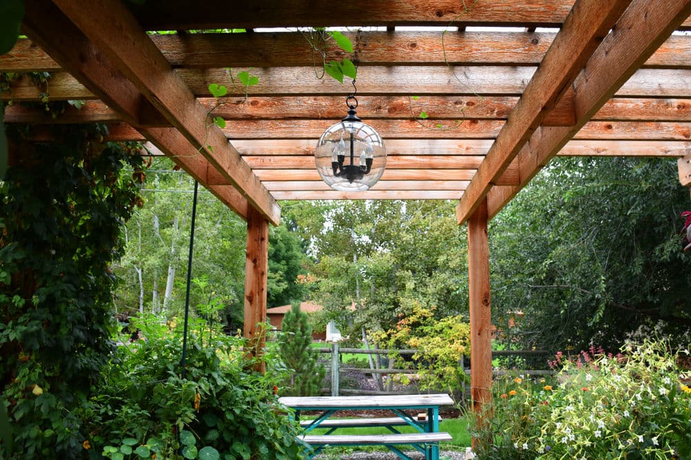 Wooden pergola with hanging light and greenery, creating a cozy outdoor sitting area.